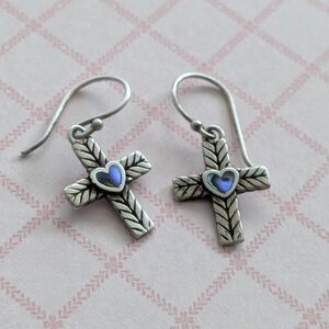 Signed ATI 925 Sterling Cross Dangle Earrings With Heart Accent